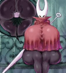  1boy 1girl 2b-ge ? ass black_skin blush breasts colored_skin curvy dress eyelashes furry furry_female gigantic_breasts hollow_knight hornet_(hollow_knight) horns huge_ass knight_(hollow_knight) red_dress sitting sitting_on_person size_difference sword taller_female thick_thighs thighs weapon wide_hips 