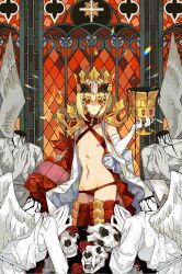  1girl angel_statue animal_skull blonde_hair breasts criss-cross_halter crown elbow_gloves fate/grand_order fate_(series) gloves halterneck highres holy_grail_(fate) momo_007 navel nero_claudius_(fate) nero_claudius_(fate)_(all) queen_draco_(fate) red_eyes single_elbow_glove small_breasts stained_glass white_gloves 