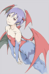  1girl ass bare_shoulders bat_symbol breasts bridal_gauntlets capcom cleavage head_wings highres lilith_aensland looking_at_viewer parted_lips purple_hair red_eyes short_hair simple_background small_breasts solo tyanoki vampire_(game) wings  rating:Sensitive score:27 user:Chiiasa