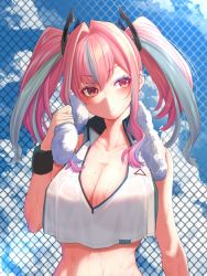 1girl aqua_hair azur_lane bare_shoulders blush breasts bremerton_(azur_lane) bremerton_(scorching-hot_training)_(azur_lane) cleavage cloud cloudy_sky collarbone commentary_request crop_top day green_hair hair_between_eyes hair_intakes hair_ornament holding large_breasts long_hair mikan_(chipstar182) multicolored_hair outdoors pink_eyes pink_hair shiny_skin shirt sky solo sportswear streaked_hair sweat tennis_uniform twintails upper_body rating:Sensitive score:13 user:danbooru