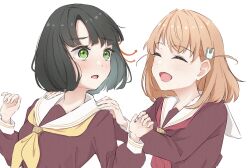  2girls ^_^ black_hair blunt_bangs blunt_ends brown_dress closed_eyes commentary_request crossed_bangs dress flower flustered green_eyes green_hair hair_flower hair_ornament hands_on_another&#039;s_shoulders hands_up hasu_no_sora_school_uniform highres hinoshita_kaho link!_like!_love_live! long_sleeves looking_at_viewer love_live! medium_hair momose_ginko multiple_girls neckerchief open_mouth orange_hair rabbit_hair_ornament red_neckerchief sailor_collar school_uniform short_hair simple_background smile tomoe_(tomoe_200) two_side_up virtual_youtuber white_background white_sailor_collar winter_uniform yellow_neckerchief 