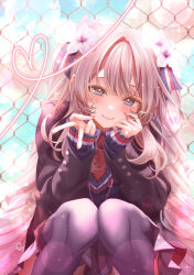  1girl absurdres black_jacket black_skirt blue_eyes blue_ribbon blue_sweater chain-link_fence closed_mouth cloud collared_shirt drill_hair fate/grand_order fate_(series) fence flower grey_hair grey_thighhighs hair_flower hair_ornament heart highres jacket long_hair marie_antoinette_(fate) multicolored_ribbon necktie open_clothes open_jacket pleated_skirt red_necktie red_ribbon ribbon school_uniform shirt short_necktie signature skirt sky smile solo squatting striped_ribbon sweater thighhighs totomiya twin_drills v white_flower white_ribbon 