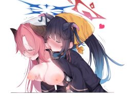  2girls biting blue_archive blue_hair blush breasts breasts_out closed_eyes ear_biting eip_(pepai) from_side fuuka_(blue_archive) grabbing grabbing_another&#039;s_breast gradient_hair hair_between_eyes halo heart horns hug hug_from_behind large_breasts long_bangs long_hair long_sleeves megu_(blue_archive) mole mole_under_eye multicolored_hair multiple_girls nipples open_mouth pink_hair straight_hair v-shaped_eyebrows yuri 