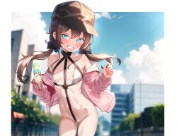  1girl black_bow blue_eyes blue_sky blush bow breasts brown_hair brown_hat city cloud cowboy_shot day dongchuan exhibitionism food grin hair_bow halterneck hat holding holding_food holding_ice_cream hololive ice_cream jacket loli long_hair looking_at_viewer low_twintails naked_jacket natsuiro_matsuri nipples no_pants off_shoulder open_clothes open_jacket outdoors peaked_cap pink_jacket public_indecency revealing_clothes sky small_breasts smile solo stomach twintails virtual_youtuber zipper_pull_tab  rating:Questionable score:92 user:danbooru
