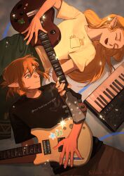  1boy 1girl alternate_costume artist_name black_shirt blonde_hair blue_eyes brown_pants closed_eyes closed_mouth commentary contemporary dated electric_guitar green_pants guitar highres holding holding_instrument instrument keyboard_(instrument) link long_hair looking_at_another nintendo open_mouth pants pocket pointy_ears princess_zelda shirt short_hair short_ponytail short_sleeves smile teeth the_legend_of_zelda the_legend_of_zelda:_breath_of_the_wild upper_teeth_only yellow_shirt yushx31 