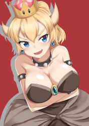  1girl absurdres arms_under_breasts bad_id bad_pixiv_id bare_shoulders blonde_hair blue_eyes bowsette bracelet breasts cleavage collar crossed_arms crown dress earrings fang highres horns jewelry large_breasts looking_at_viewer mario_(series) nintendo ponytail qwyte red_background sharp_teeth silhouette simple_background solo spiked_bracelet spiked_collar spikes super_crown teeth tsurime 