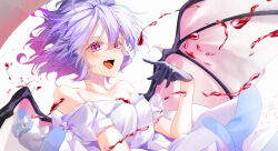  1girl :d absurdres bare_shoulders bat_wings black_gloves blood blood_drop blue_hair blush bow breasts calpis118 chest_jewel collarbone commentary dress eyelashes fang floating_clothes floating_hair gem gloves hair_between_eyes hand_up highres index_finger_raised looking_at_viewer no_headwear off-shoulder_dress off_shoulder open_mouth red_eyes red_gemstone remilia_scarlet short_hair short_sleeves simple_background sleeve_bow small_breasts smile solo teeth tongue touhou tsurime upper_body upper_teeth_only white_background white_bow wings 