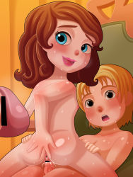 1boy 1girl anus ass ass_juice bar_censor blonde_hair censored character_name child_on_child collarbone cum cum_in_pussy girl_on_top heart hetero highres indoors loli nude open_mouth penis presenting_anus prince_james sex shiny_skin shota sofia_(disney) sofia_the_first sweat textless_version vaginal yaranainoka