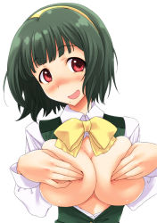 1girl blush breasts covering_privates covering_breasts fuyube_rion green_hair idolmaster idolmaster_(classic) large_breasts mole mole_under_mouth open_mouth otonashi_kotori raised_eyebrows red_eyes short_hair simple_background smile solo  rating:Questionable score:42 user:danbooru
