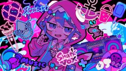  1girl anchor_symbol animal_hood black_background blue_eyes blue_footwear blue_hair blush_stickers boombox coat collared_shirt copyright_name cup disposable_cup earbuds earphones english_text fins fish fish_skeleton_print fish_tail food hair_ornament hand_on_own_knee hand_up headphones hood ice_cream_cone jitome long_hair looking_at_viewer microphone multicolored_background multicolored_hair neon_lights octopus open_clothes open_coat open_mouth pink_background pink_nails pink_raincoat pink_theme pointy_ears popsicle pouch print_shirt raincoat shark shark_fin shark_hood shark_tail sharkvox shirt sidelocks solo squid star_(symbol) star_hair_ornament streaked_hair swim_ring tail terada_tera white_hair white_shirt x 
