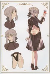 1girl absurdres alcohol ass braid butt_crack cup dimples_of_venus dress drinking_glass fate/grand_order fate_(series) french_braid full_body high_heels highres holding long_sleeves looking_at_viewer looking_back multiple_views parted_lips sayika scan see-through shoe_soles shoes smile standing wine wine_glass rating:Questionable score:45 user:danbooru