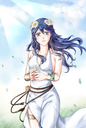  1girl armlet armpits artist_request bare_shoulders blonde_hair blue_eyes blush bracelet breasts cleavage clenched_hands collarbone day dress embarrassed eyelashes field fingernails fire_emblem fire_emblem_awakening fire_emblem_heroes floating_hair flower flower_field flower_hair_ornament grass hair_between_eyes highres holding holding_flower intelligent_systems jewelry legs long_dress long_hair looking_at_viewer lucina_(fire_emblem) lucina_(valentine)_(fire_emblem) matching_hair/eyes nature neck nintendo no_bra official_alternate_costume outdoors own_hands_together parted_lips rope_belt side_slit sideboob sidelocks sky sleeveless sleeveless_dress small_breasts standing sundress sunlight symbol_in_eye thighlet thighs white_dress wind wind_lift 