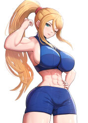  1girl abs absurdres bad_anatomy biceps blonde_hair blue_bra blue_eyes blue_shorts bra breasts casual cleavage cowboy_shot crop_top gonzarez hairband hand_on_own_hip highres impossible_clothes large_breasts legs_apart long_hair looking_at_viewer metroid metroid_fusion mole mole_under_mouth muscular muscular_arms muscular_female narrow_waist navel night nintendo one_eye_closed pants ponytail revision samus_aran short_shorts shorts sideboob simple_background solo standing stomach tight_clothes tight_pants tight_shorts underwear very_long_hair white_background wide_hips window  rating:General score:29 user:SalDWow