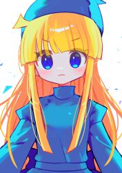  1girl absurdres blonde_hair blue_eyes blunt_bangs blush closed_mouth highres long_hair looking_at_viewer offbeat puyopuyo simple_background solo upper_body white_background witch_(puyopuyo) 