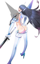 10s 1girl absurdres armor ass bakuzan bare_shoulders black_hair blue_eyes blush boots breasts ceda_(dace) cleavage from_behind hand_on_own_hip high_heel_boots high_heels highres junketsu katana kill_la_kill kiryuuin_satsuki large_breasts long_hair looking_back revealing_clothes shadow shouting spikes sword thigh_boots thighhighs thong weapon rating:Questionable score:21 user:danbooru