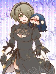  2b_(nier:automata) 2b_(nier:automata)_(cosplay) 2girls black-framed_eyewear black_dress black_eyes black_footwear black_gloves black_hairband black_ribbon black_sleeves blazer blonde_hair blue_corset blue_hair blue_jacket blue_skirt blue_sleeves blush bow bowtie breasts brown_thighhighs buttons chibi_on_shoulder cleavage cleavage_cutout clothing_cutout corset cosplay cowboy_shot danganronpa_(series) danganronpa_v3:_killing_harmony dress drooling eyelashes floral_background glasses gloves green_eyes hair_over_one_eye hairband hands_on_own_chin jacket juliet_sleeves large_breasts layered_sleeves light_blush long_hair long_skirt long_sleeves looking_at_another mole mole_under_mouth multiple_girls nier:automata nier_(series) open_clothes open_jacket open_mouth orange_bow orange_bowtie pleated_skirt puffy_sleeves purple_background ribbon round_eyewear shirogane_tsumugi shirt shoes short_dress short_hair side_slit simple_background skirt skirt_set sleeves_past_wrists smile solid_oval_eyes sparkle sparkling_eyes thighhighs tojo_kirumi v-shaped_eyebrows very_long_hair white_shirt white_sleeves yumaru_(marumarumaru) 