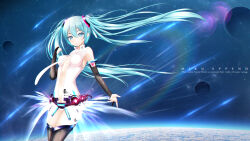  1girl arm_tattoo black_thighhighs blue_eyes blue_hair breasts center_opening clenched_hand closed_mouth eyelashes hair_between_eyes hatsune_miku hatsune_miku_(append) highres hip_gear large_breasts leg_tattoo lens_flare long_hair looking_at_viewer necktie number_tattoo smile solo space tattoo thighhighs twintails vocaloid vocaloid_append white_necktie yoshimo_(yoshiki_qaws) 
