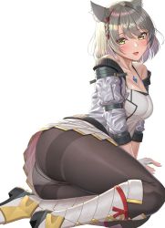  1girl absurdres animal_ears ass bare_shoulders blush breasts brown_pantyhose camisole chest_jewel collarbone grey_hair highres jacket long_sleeves looking_at_viewer medium_breasts mio_(xenoblade) nemunemu_semi off_shoulder open_clothes open_jacket open_mouth pantyhose short_hair thighs white_camisole white_jacket xenoblade_chronicles_(series) xenoblade_chronicles_3 yellow_eyes  rating:Sensitive score:31 user:danbooru