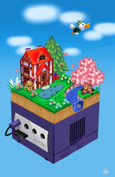  animal_crossing animal_crossing_gamecube blue_background blue_sky cedar_tree cherry_blossoms game_console gamecube gyroid highres house kai_texel nintendo pete_(animal_crossing) river sky 