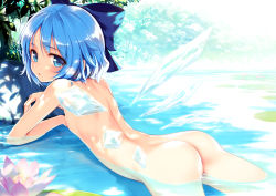 1girl ass back bad_id bad_pixiv_id blue_eyes blue_hair blush bow cirno completely_nude flat_chest flower hair_bow highres ice ice_wings ke-ta light lily_pad loli looking_at_viewer looking_back lying matching_hair/eyes nipples nude on_stomach open_mouth partially_submerged short_hair solo touhou tree_shade water wings rating:Questionable score:256 user:danbooru