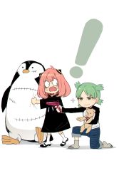  ! 2girls absurdres aiming anya_(spy_x_family) child closed_mouth crossover d: dress duralumin full_body green_eyes green_hair highres holding holding_water_gun koiwai_yotsuba long_sleeves looking_at_another medium_hair multiple_girls no_shoes on_one_knee open_mouth outstretched_arm pink_hair quad_tails ratatatat74 shirt shoes socks spy_x_family standing stuffed_animal stuffed_toy sweat teddy_bear v-shaped_eyebrows water_gun wide-eyed yotsubato! 