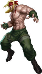  abs absurdres alex blonde_hair blue_eyes boots capcom fingerless_gloves gloves headband highres muscular official_art scar simple_background solo stanley_lau street_fighter street_fighter_iii street_fighter_iii:_3rd_strike topless 