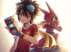  2boys armor belt blue_eyes breastplate brown_hair colored_skin commentary crown_(symbol) digimon digimon_xros_wars digimon_xros_wars:_toki_wo_kakeru_shounen_hunter-tachi dragon english_commentary goggles goggles_on_head holding kudou_taiki light multiple_boys pu_lyong red_shirt red_skin scarf shirt short_sleeves shoutmon_king_ver. smile smirk yellow_scarf 