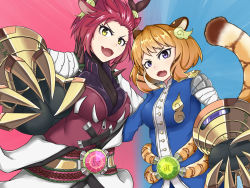  2girls absurdres animal_ears belt blonde_hair breasts claw_(weapon) dragon_girl duel_monster highres large_breasts looking_at_viewer multiple_girls open_mouth purple_eyes red_hair tail tiger_girl weapon yellow_eyes yu-gi-oh! yuu-gi-ou yu-gi-oh!_duel_monsters zipper zoodiac_drancia zoodiac_tigress 