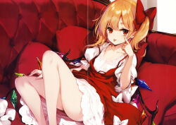 1girl absurdres blonde_hair bow closed_mouth collarbone couch crystal dress feet_out_of_frame flandre_scarlet hair_between_eyes hair_bow hand_up highres index_finger_raised indoors ke-ta looking_at_viewer multicolored_wings one_side_up pillow pointy_ears puffy_short_sleeves puffy_sleeves red_bow red_dress red_eyes red_ribbon ribbon shadow short_hair short_sleeves sitting smile solo tongue tongue_out touhou two-tone_dress white_bow white_dress wings rating:Sensitive score:13 user:danbooru