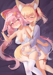  2girls absurdres animal_ear_fluff animal_ears arm_between_breasts arm_up bed_sheet between_breasts biting blonde_hair blue_shirt blush bottomless bow bow_panties breasts camisole cleavage closed_eyes ear_biting flower fox_ears fox_girl fox_tail hair_bow hair_flower hair_ornament hairband highres hug hug_from_behind karv large_breasts long_hair low_twintails lying multiple_girls navel on_side one_side_up original panties pink_eyes pink_hair rabbit_ears rabbit_girl ribbon sheet_grab shirt stomach tail thighhighs thighs twintails underwear underwear_only very_long_hair white_camisole white_panties white_thighhighs yuri 