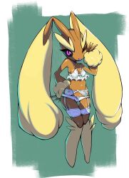  1girl animal_nose bare_shoulders black_sclera body_fur border bow bow_bra bow_panties bra breasts brown_fur cameltoe closed_mouth clothed_pokemon colored_sclera creatures_(company) female_focus frilled_bra frills full_body furry furry_female game_freak garter_belt gen_4_pokemon green_background hand_on_own_hip hand_up happy highres knees_together_feet_apart lingerie long_ears looking_at_viewer lopunny nintendo one_eye_closed outside_border panties pink_eyes pokemon pokemon_(creature) rabbit_ears rabbit_girl sakekan shiny_skin simple_background small_breasts smile solo standing stomach two-tone_fur underwear underwear_only white_border white_bra white_panties wink yellow_fur 