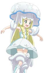  1girl :d bare_arms blonde_hair blunt_bangs blush braid collarbone collared_dress creatures_(company) crying crying_with_eyes_open dress game_freak gen_7_pokemon green_eyes hat highres jellyfish kneehighs lillie_(pokemon) long_hair nihilego nintendo open_mouth outstretched_arms panties pantyshot pokemon pokemon_(creature) pokemon_sm restrained scared see-through sincos sleeveless sleeveless_dress smile socks solo sun_hat sundress tears teeth tentacles twin_braids ultra_beast underwear white_dress white_hat white_panties white_socks  rating:Questionable score:44 user:danbooru