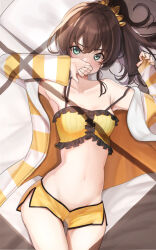  1girl absurdres bed_sheet blush brown_hair camisole collarbone covering_face cowboy_shot green_eyes groin highres hololive lying natsuiro_matsuri natsuiro_matsuri_(matsuri&#039;s_day_off) navel on_back open_clothes ponytail scarlet_(wv0102) scrunchie short_shorts shorts solo sweater virtual_youtuber  rating:Sensitive score:37 user:graalian
