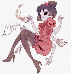  1girl bow colored_skin extra_arms extra_eyes fangs high_heels highres arthropod_girl muffet purple_skin ribbon spider_girl thighhighs undertale  rating:Sensitive score:7 user:twilight_jester