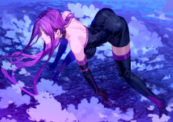  1girl bare_shoulders bob_(biyonbiyon) boots breasts collar dress facial_mark fate/grand_order fate/hollow_ataraxia fate/stay_night fate_(series) forehead_mark heaven&#039;s_feel highres large_breasts long_hair medusa_(fate) medusa_(rider)_(fate) purple_eyes purple_hair solo strapless strapless_dress thigh_boots thighhighs very_long_hair  rating:General score:9 user:danbooru
