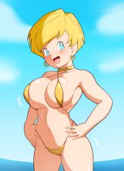  1girl armpits bikini blonde_hair blue_eyes blush bouncing_breasts breasts chikinkun choker cloud day dragon_ball dragonball_z earrings erasa_(dragon_ball) female_focus groin hands_on_own_hips happy highres hoop_earrings jewelry large_breasts legs looking_at_viewer motion_lines ocean open_mouth outdoors short_hair sky smile solo standing swimsuit thighs water  rating:Sensitive score:43 user:Ynyswydryn
