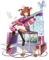  1girl :d animal_ears black_socks blue_necktie blue_skirt bottle brown_footwear brown_hair bush cardigan desk eversoul full_body game_cg guitar hamster_ears hamster_girl headset heart holding holding_guitar holding_instrument horn_speaker instrument kneehighs looking_at_object mica_(eversoul) necktie official_alternate_costume official_art on_desk open_mouth paper playing_guitar red_cardigan rooftop school_uniform shirt short_hair sitting skirt smile socks solo speaker stage_lights star_(symbol) star_print striped_clothes striped_skirt tachi-e thighs transparent_background water_bottle white_shirt wing_collar yellow_eyes 