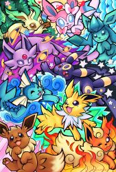 animal_focus black_eyes blue_eyes bow brown_eyes closed_mouth colored_sclera creatures_(company) eevee espeon evolutionary_line fire flareon flower game_freak gen_1_pokemon gen_2_pokemon gen_4_pokemon gen_6_pokemon glaceon jolteon leaf leafeon nintendo one_eye_closed pokemon pokemon_(creature) purple_eyes red_sclera ribbon signature smile sylveon teamguysart thunder umbreon vaporeon water