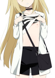  1girl bag black_bag black_choker black_shorts blonde_hair breasts choker clothes_lift collarbone commentary_request head_out_of_frame highres jacket lifted_by_self long_hair long_sleeves morisobo navel nipples open_clothes open_jacket parted_lips rachel_gardner satsuriku_no_tenshi shirt shirt_lift shorts simple_background small_breasts solo standing striped_clothes striped_shirt thighs white_background white_jacket white_shirt 