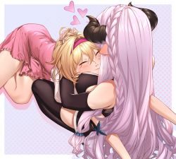 2girls :i bare_shoulders black_gloves blonde_hair blush braid breast_smother breasts djeeta_(granblue_fantasy) draph elbow_gloves face_to_breasts gloves granblue_fantasy highres horns kneeling large_breasts light_purple_hair long_hair lying multiple_girls narmaya_(granblue_fantasy) pointy_ears pout soruna_(nell) very_long_hair  rating:Sensitive score:51 user:danbooru