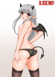  1girl absurdres artist_name ass bare_shoulders bat_wing black_panties black_thighhighs bloodcandy blush breasts butt_crack demon_girl demon_tail demon_wings feet_out_of_frame fishnet_thighhighs fishnets from_behind gradient_background grey_hair hand_gesture hand_on_own_hip highres horns legs_apart loli long_hair long_pointy_ears looking_at_viewer looking_back nipples open_mouth panties pointy_ears red_eyes simple_background skindentation small_breasts solo standing tail thighhighs underwear wings  rating:Explicit score:24 user:bloodcandy
