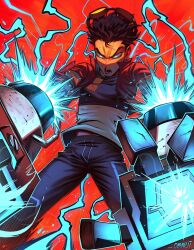  1boy absurdres black_hair black_pants generator_rex glowing glowing_eyes goggles goggles_on_head highres jacket lightning mechanical_arms obarii pants red_background red_jacket two-tone_shirt 