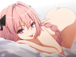 1boy ass astolfo_(fate) bad_id bad_pixiv_id braid fate/apocrypha fate_(series) gradient_background hair_between_eyes hair_intakes highres long_hair looking_at_viewer male_focus nude pink_eyes pink_hair ramchi single_braid solo tongue tongue_out top-down_bottom-up trap very_long_hair rating:Questionable score:114 user:Domestic_Importer
