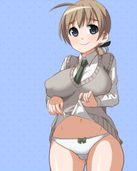  1girl black_eyes blush breasts brown_hair clothes_lift covered_erect_nipples female_focus large_breasts lifting_own_clothes lynette_bishop navel panties ponytail shirt_lift smile solo strike_witches underwear white_panties world_witches_series yamaarashit  rating:Sensitive score:17 user:danbooru
