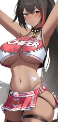  1girl absurdres armpits arms_up bandaid bandaid_on_arm bandaid_on_stomach bandaid_on_thigh bare_shoulders bay_(nikke) black_hair blush breasts brown_eyes cheerleader closed_mouth clothes_writing clothing_cutout collar commentary cowboy_shot crop_top cropped_shirt dark-skinned_female dark_skin goddess_of_victory:_nikke hair_between_eyes highres large_breasts lock long_hair looking_at_viewer mole mole_on_breast mole_on_stomach mole_on_thigh mole_under_mouth multicolored_hair navel padlock padlocked_collar panties pleated_skirt ponytail red_shirt red_skirt shirt side-tie_panties side_cutout sidelocks simple_background skindentation skirt sleeveless sleeveless_shirt solo spiked_collar spikes standing star_(symbol) star_in_eye star_sticker sticker_on_face stomach streaked_hair sweat symbol_in_eye thigh_strap two-tone_hair two-tone_skirt underboob underwear white_background white_panties ziroqon 