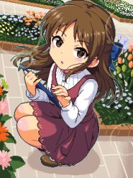  1girl blouse blue_flower blurry blush bokeh brick_floor brown_eyes brown_footwear brown_hair clipboard commentary depth_of_field dithering dress floating_hair flower flower_bed from_above from_side full_body green_outline holding holding_clipboard idolmaster idolmaster_cinderella_girls lillithlauda long_hair long_sleeves looking_at_viewer looking_to_the_side looking_up loose_hair_strand mary_janes outdoors outline park parted_lips pinafore_dress pink_dress pink_flower pixel_art red_flower shirt shoes sleeveless sleeveless_dress solo squatting tachibana_arisu variant_set white_flower white_shirt 