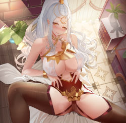 1girl absurdres bare_shoulders blush breasts cleavage clothing_cutout collarbone covered_erect_nipples criss-cross_halter epic_seven forehead forehead_jewel gold grey_hair gu_lan halterneck highres huge_breasts kise_(epic_seven) long_hair looking_at_viewer lying navel navel_cutout on_back orange_eyes parted_hair see-through sleeveless smile spread_legs thighhighs wrist_cuffs rating:Questionable score:24 user:danbooru