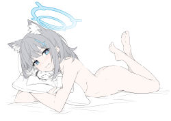  1girl absurdres animal_ear_fluff animal_ears ass barefoot bed_sheet blue_archive blue_eyes blush breasts completely_nude cross_hair_ornament crossed_ankles doodle_sensei_(blue_archive) extra_ears grey_hair hair_ornament halo highres hugging_object lying masabodo medium_breasts medium_hair nude on_stomach parted_lips pillow pillow_hug sensei_(blue_archive) shiroko_(blue_archive) solo the_pose  rating:Questionable score:71 user:danbooru
