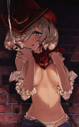  1girl against_wall alternate_costume bandana blush breasts brick_wall bullet_hole cigarette clothes_pull commentary_request covering_privates covering_breasts cowboy_hat dated grey_hair hair_ornament hair_over_one_eye hairclip hamakaze_(kancolle) hands_on_shoulders hat highres kantai_collection large_breasts looking_at_viewer navel off_shoulder open_mouth panties pants pants_pull sakura_rock short_hair side-tie_panties smoke solo underwear white_panties  rating:Questionable score:24 user:danbooru
