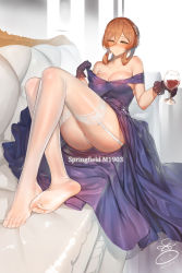 1girl alcohol ass bad_id bad_pixiv_id black_gloves blue_dress blush breasts brown_hair character_name cleavage couch cup dated dress dress_tug drinking_glass feet garter_straps girls&#039;_frontline gloves green_eyes hair_between_eyes hair_ribbon hair_rings half-closed_eyes highres holding holding_cup holding_drinking_glass indoors large_breasts long_hair looking_at_viewer lying no_shoes official_alternate_costume panties ponytail ribbon see-through see-through_legwear shiny_skin sidelocks signature skindentation smile soles solo springfield_(girls&#039;_frontline) springfield_(queen_in_radiance)_(girls&#039;_frontline) strapless strapless_dress suerte thighhighs thighs toes underwear white_panties white_thighhighs wine_glass rating:Questionable score:150 user:danbooru